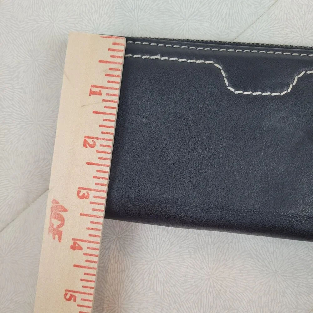 Womens black zip wallet leather multi compartments silver accent white stitching